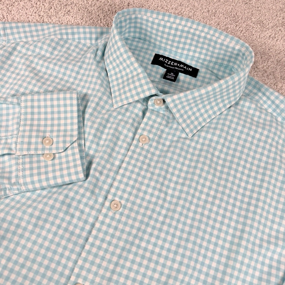 Mizzen + Main XL Classic Blue White Plaid Long Sleeve Button Front Mens Shirt